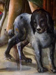犬、「イエスの降誕」の細部、1470年頃、ベンヴェヌート・ディ・ジョヴァンニによる絵画、パネルにテンペラ