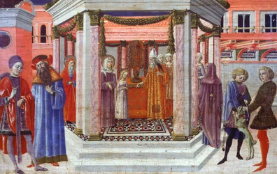 テンプルでのマリアのプレゼンテーション、ベンヴェヌート・ディ・ジョヴァンニ（1436-1518）によるプレデラの詳細