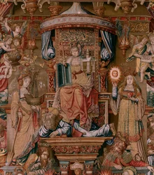 フランダースのタペストリー。 シリーズ ザ・オナーズ。 信仰（ラ・フェ）。 シリーズ初のタペストリー。 Bernard van Orley と Jan Gossaert (Mabuse) のサークルのモデル漫画家。 ブリュッセルのピーター・ファン・アールストのマニュファクチュール。 1550年頃。生地 ゴールド、シルバー、シルク、ウール。