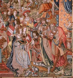 フランダースのタペストリー。 シリーズ The Honors; 貴族（ラ・ノブレザ）。 シリーズ4作目のタペストリー。 Bernard van Orley と Jan Gossaert (Mabuse) のサークルのモデル漫画家。 ブリュッセルのピーター・ファン・アールストのマニュファクチュール。 Ca 1550. ファブリック ゴールド、シルバー、シルク、ウー