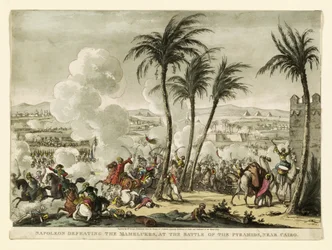 ジョージクルークシャンク（1769-1823）によって彫刻された、カイロ近くのピラミッドの戦いでマメルークを倒したナポレオン。 1823（手塗りの彫刻）