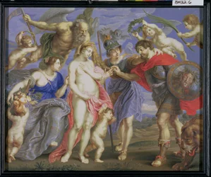火星は、ピーターポールルーベンス（1577-1640）の絵画（パネルの周りに巻かれたベラムのボディカラーとガム）の後に、ミネルバによって行事に導入され、セレスを伴って登場しました。