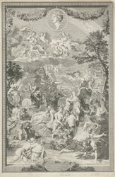 Ovid と彼の肖像画の変容からのさまざまなシーンを含む寓話的なタイトル ページ