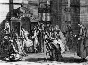 懺悔室の前で待つ信徒、ベルナール・ピカール（1673-1733）の彫刻（『世界のあらゆる民族の宗教的儀式と風習』より）。