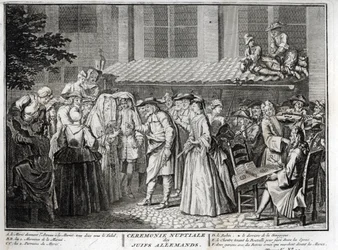 ユダヤ系ドイツ人コミュニティでのユダヤ式結婚式 ベルナール・ピカール（1723-1743）の「Illustration de ceremonies et customs religieuses de les peuples du monde」（1819年）からのエングレーヴィング 個人蔵