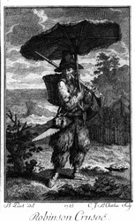 荒れ果てた島でのロビンソン・クルーソーを表現したもの。ベルナール・ピカール（1673-1733）がダニエル・デフォー（1660-1731）の小説を描いた版画。
