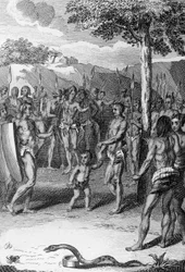 アントワーヌ・バニエ（1673-1741）とジャン・バティスト・ル・マスクリエ（1697-1760）による「Histoire Generale des Ceremonies, moeurs, et coutumes religiousness de tous les peuples du monde」より「手前に蛇がいる儀式（ギニア