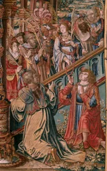 フランダースのタペストリー。 シリーズ ザ・オナーズ。 信仰（ラ・フェ）。 シリーズ初のタペストリー。 Bernard van Orley と Jan Gossaert (Mabuse) のサークルのモデル漫画家。 ブリュッセルのピーター・ファン・アールストのマニュファクチュール。 1550年頃。生地 ゴールド、シルバー、シルク、ウール。
