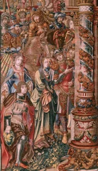 フランダースのタペストリー。 シリーズ ザ・オナーズ。 信仰（ラフェ）。 シリーズ初のタペストリー。 Bernard van Orley と Jan Gossaert (Mabuse) のサークルのモデル漫画家。 ブリュッセルのピーター・ファン・アールストのマニュファクチュール。 1550年頃。生地 ゴールド、シルバー、シルク、ウール。
