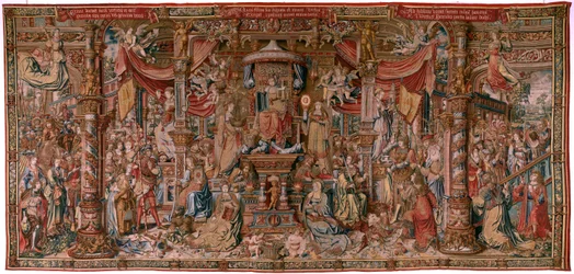 フランダースのタペストリー。 シリーズ ザ・オナーズ。 信仰（ラ・フェ）。 シリーズ初のタペストリー。 Bernard van Orley と Jan Gossaert (Mabuse) のサークルのモデル漫画家。 ブリュッセルのピーター・ファン・アールストのマニュファクチュール。 1550年頃。生地 ゴールド、シルバー、シルク、ウール。