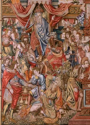 フランダースのタペストリー。 シリーズ The Honors; 貴族（ラ・ノブレザ）。 シリーズ4作目のタペストリー。 Bernard van Orley と Jan Gossaert (Mabuse) のサークルのモデル漫画家。 ブリュッセルのピーター・ファン・アールストのマニュファクチュール。 Ca 1550. ファブリック ゴールド、シルバー、シルク、ウー