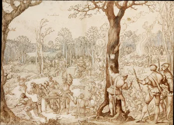 ゲームを分かち合う (狩猟の日の森での宴会シーン) - Bernaert van Orley (1488-1541) 作 (Barend, Barent, Bernard van Brussel), 紙にインク (37,6x57,7)