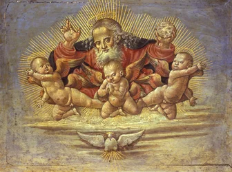3人の天使を持つ父なる神を描いた祭壇画の一部、1500年頃（木のテンペラ）