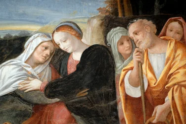 聖アンナと聖ヨアヒムを抱くマリア、「聖母のサイクル」（1553年）の細部、ベルナルディーノ・ラニーノ（1512-1583）によるフレスコ画、イタリア、ピエモンテ州ノヴァーラ大聖堂の下部聖具室