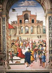 イタリア、シエナ、大聖堂、ピッコロミニ図書館、皇帝フリードリッヒ3世から桂冠詩人に任命されるエネア・シルビオ・ピッコロミニ、ピウス2世物語の詳細