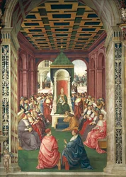 イタリア、シエナ、大聖堂、ピッコロミニ図書館、教皇エウゲニウス4世に服従するエネア・シルビオ・ピッコロミニ、「ピウス2世の物語」の詳細