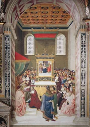 イタリア、シエナ、大聖堂、ピッコロミニ図書館、カリクストゥス3世から枢機卿の帽子を受け取るエネア・シルビオ・ピッコロミニ、「ピウス2世の物語」の詳細