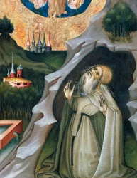 ベルナート・マルトレル（約1400年～1452年）作「マグダラの聖マリア」祭壇画（1437年～1452年）の細部、木地に描かれた「恍惚の隠者」。カタルーニャのゴシック美術。