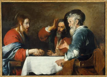 キリストはエマオにいる エマオの宿屋のテーブルに座っている巡礼者たちの前にキリストが現れます。ベルナルド・ストロッツィ（1581-1644）による絵画 1640年 日1,24x1,72 m グルノーブル、Musee des Beaux Arts