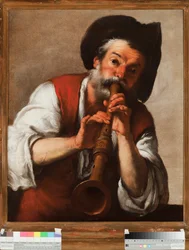 フルート奏者（笛吹き） ベルナルド・ストロッツィ（1581-1644）の絵画 17世紀 ジェネ、ストラーダ・ヌォーヴァ美術館（元ロッソ宮殿）所蔵