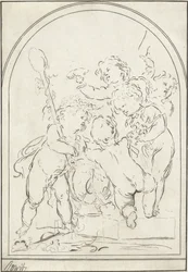 ブドウのつるが描かれた花瓶のそばにいる5人のプッティ