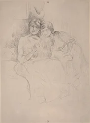 絵を描くレッスン-ベルト・モリゾが娘と一緒に絵を描く、c.1889-90（ドライポイント）