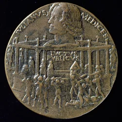 1478年のパッツィの陰謀を記念したジュリアーノデメディチ（1453-1478）の頭をもった勲章、ヴェルソ（ブロンズ）（レトロは119165を参照）