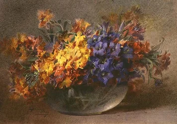 ガラスの器に描かれた春の花（水彩画）