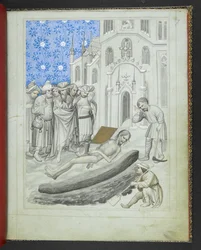追加 24189、f.7r、「ジョン・マンデヴィル卿の旅の絵本」からのヘルメス・トリスメギストスの墓の発見、c.1410 (ベラム)