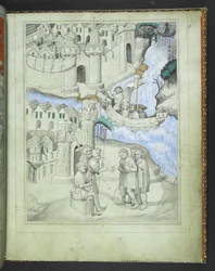 追加 24189 f.8 街の門に近づく巡礼者、「ジョン マンデビル卿の旅の絵本」、1410 年頃 (ベラム)