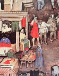 写本「Statuto delle Guild of Merchants」（ベラム）からの市場の布商人