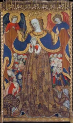 La Vierge de Misericorde - Peinture de Bonanat Zaortiga (actif 15eme siecle)、木にテンペラ (223x126.8 cm)、1430 年頃 - 慈悲の聖母、Bonanat Zaortiga によるパネルにテンペラ、1430 年頃 - Museu Nacional d
