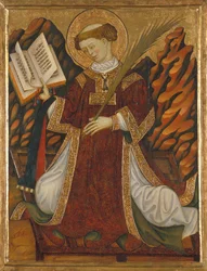 ローマの聖ローレンス (210-258 年頃) (聖書を読む助祭の衣装を着て、殉教者の手のひらを握り、拷問のグリルにひざまずく) - Bonanat Zaortiga (アクティブな 15 世紀) による絵画、木にテンペラ(80,2x62 cm)、1430年頃 - セントローレンス、