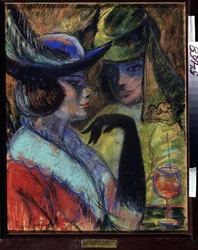 Cafe in Paris（パリのカフェ）。 パリのビストロのテーブルで飲み物を囲んで座っている 2 人のエレガントな女性。 ボリス・ドミトリエヴィチ・グリゴリエフ（1886-1939）の作品、厚紙にパステル