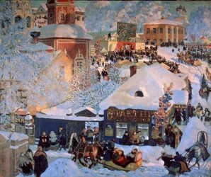 冬、マルディグラ (冬、シュロヴェタイド)。 地方の町の雪に覆われた通りでの伝統的なお祭り。 街の建物の説明に加えて、気球の群れ、回転木馬、居酒屋の店先、人が引くそり