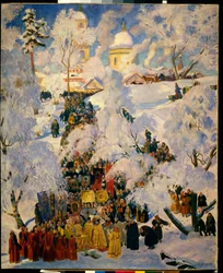 テオファニーの饗宴の水の偉大な祝福. ロシア正教会の伝統的なシーン、聖週間の典礼の行進、洗礼の水の祭典、雪景色。 ボリス・ミハイロビッチ・クストドの絵画