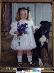 犬シュムカと娘イリーナの肖像画。 Boris Michaylovich Kustodiev (Kustodiev) (1878-1927) による絵画、キャンバスに油彩