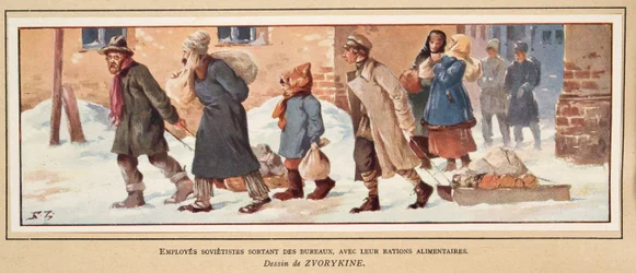 配給品を持ってオフィスを出るソビエトの労働者（Histoire des Soviets, pub.1922年（カラーリトグラフ）より