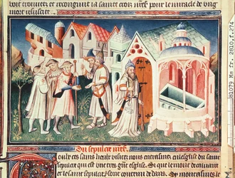 Fr 2810 fol.274、エルサレムの聖墳墓教会の前の巡礼者、「リヴルデメルヴェイユドモンド」、1410〜12年（ベラムのテンペラ）