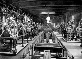 ヘンリー8世の武器庫、斬首用の斧と台座、ロンドン塔、1890年