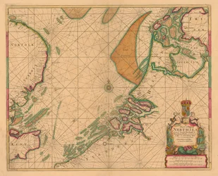 サウス・フォアランドからバーナム・フラッツまで、およびカリスからシェリング島までの北海海図、1700年頃（彩色版画）
