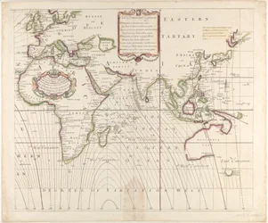 1700年に発見されたコンパスの変動を示す、新しく正しい全世界の海図。