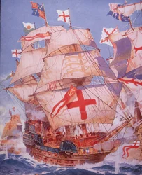 1588年にスペイン艦隊と戦うアーク・ロイヤル（カラーリトグラフ