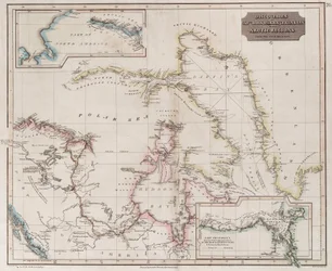 1818年から1827年にかけてのロス、パリー、フランクリンによる北極圏での発見を示す図（1830年頃、カラー版画）