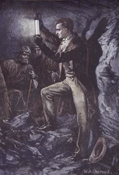 1815 年に発明された鉱山労働者用の Davy 安全ランプを備えた Humphry Davy (手描きの木版画)