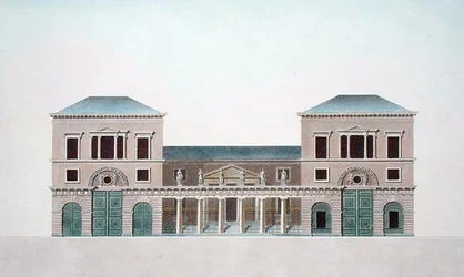 トゥルネーの絨毯工場、ピエール・ジャック・ゲッヘッビュール著「Choix des Monuments, Edifices et Maisons les plus remarquables du Royaume des Pays-Bas」より、著者が彫ったもの、1827年発行（アクアチント）。