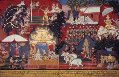 または 14297 fol.8-9 The Future Buddha Grows Up、c.1800-20 (紙にグワッシュ)