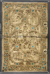 Egerton MS 1139 ダビデの生涯の場面を描いた上表紙、「メリザンドの詩篇女王」、エルサレム、1131～40年頃（アイボリー＆ターコイズ）