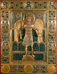 ビザンチン美術。大天使聖ミカエルを表現したミサール・デコリーの装丁 - 黄金の葉と絵馬