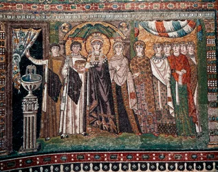 人の大臣と7人の女性からなる宮廷とテオドラ女帝、西暦547年頃（モザイク画）